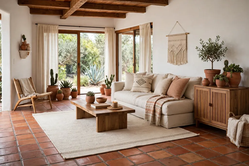 Modern Mexican living room with terracotta floor tile and a large flatweave rug under a sofa.