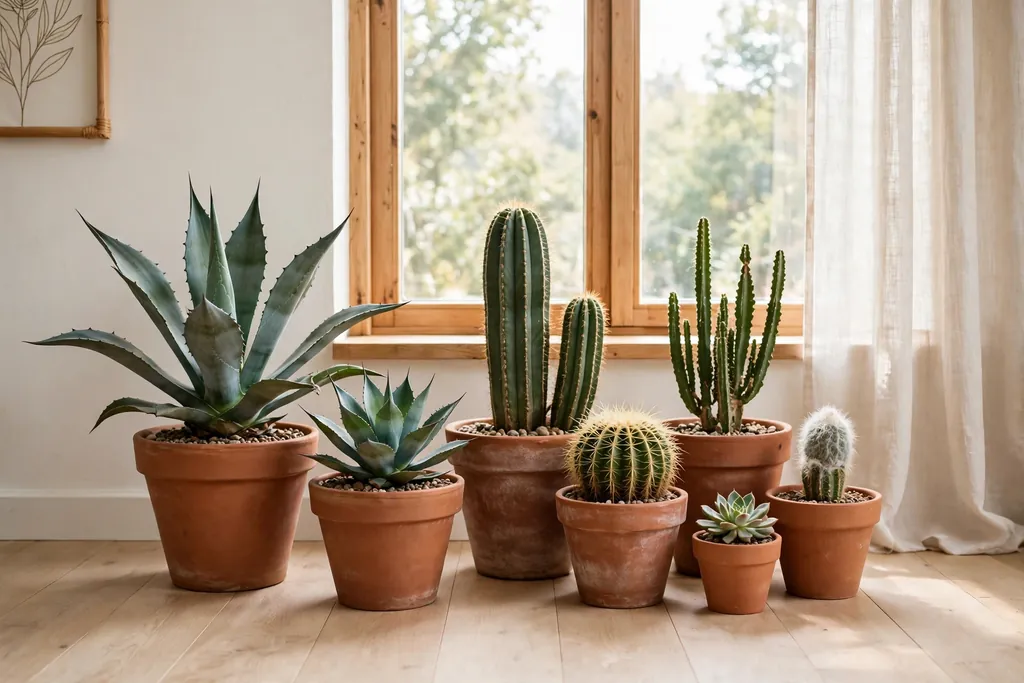 Group of cacti and agave plants in terracotta pots by a bright living room window.