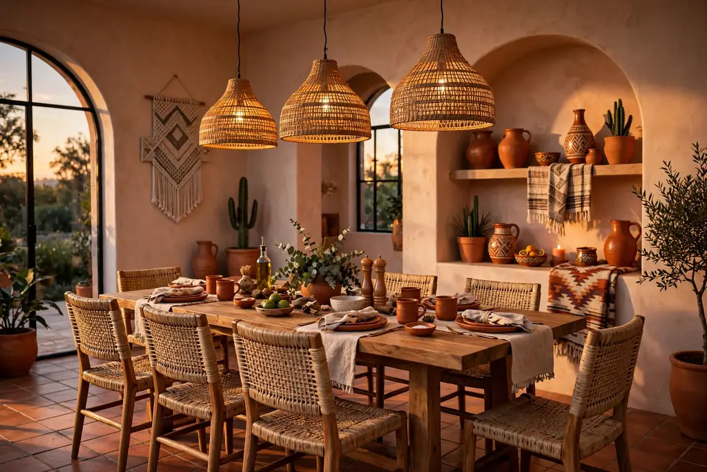 Dining table under woven rattan pendant lights in a warm modern Mexican room.