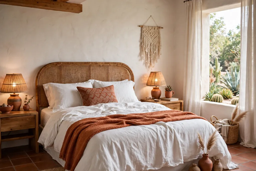 Modern Mexican bedroom with white linen bedding, a terracotta throw, and a woven headboard.