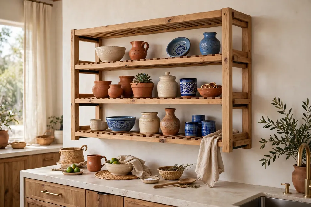 Open wood shelves holding handmade pottery in cream, terracotta, and blue in a kitchen.
