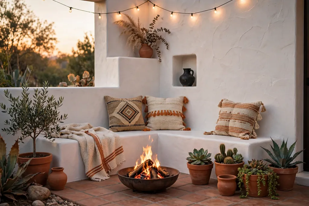Patio nook with a low plaster bench, a fire bowl, terracotta pots, and woven cushions.