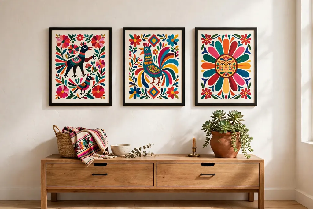 Living room wall with bold colorful folk art prints above a plain console.