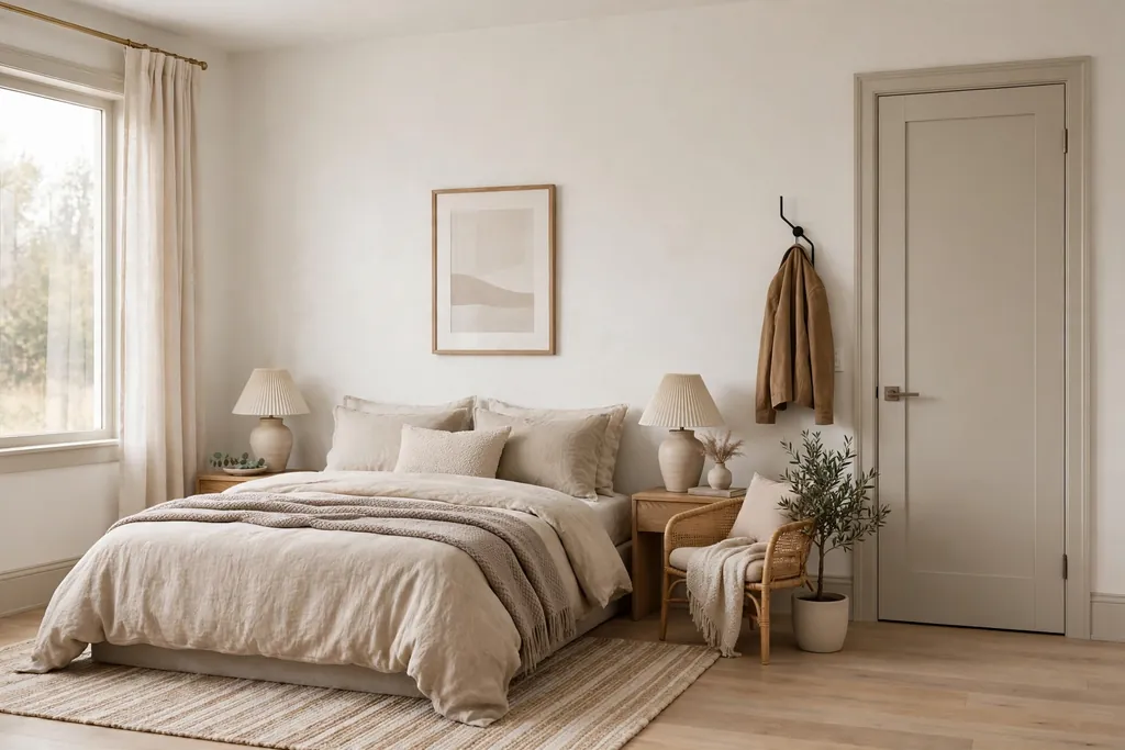 Modern neutral bedroom with warm white walls and soft greige trim, doors, and skirting.