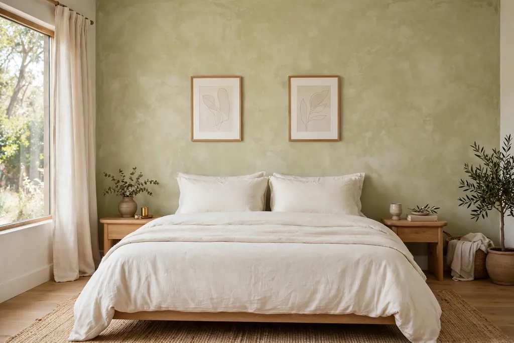 Bedroom with a limewash wall behind a bed with plain ivory bedding.