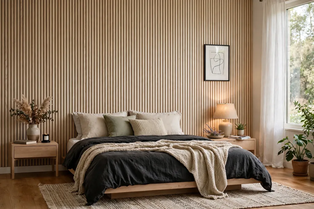 Bedroom with vertical pale oak wood slats on the wall behind a low bed.