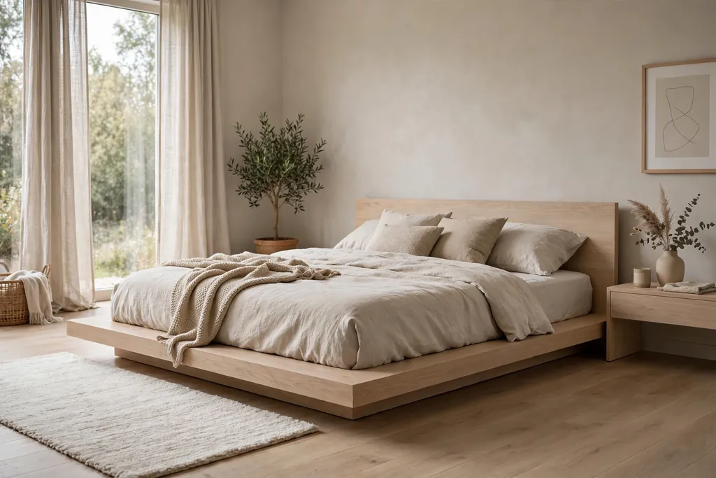 Modern neutral bedroom with a low pale oak platform bed and a light rug beside it.