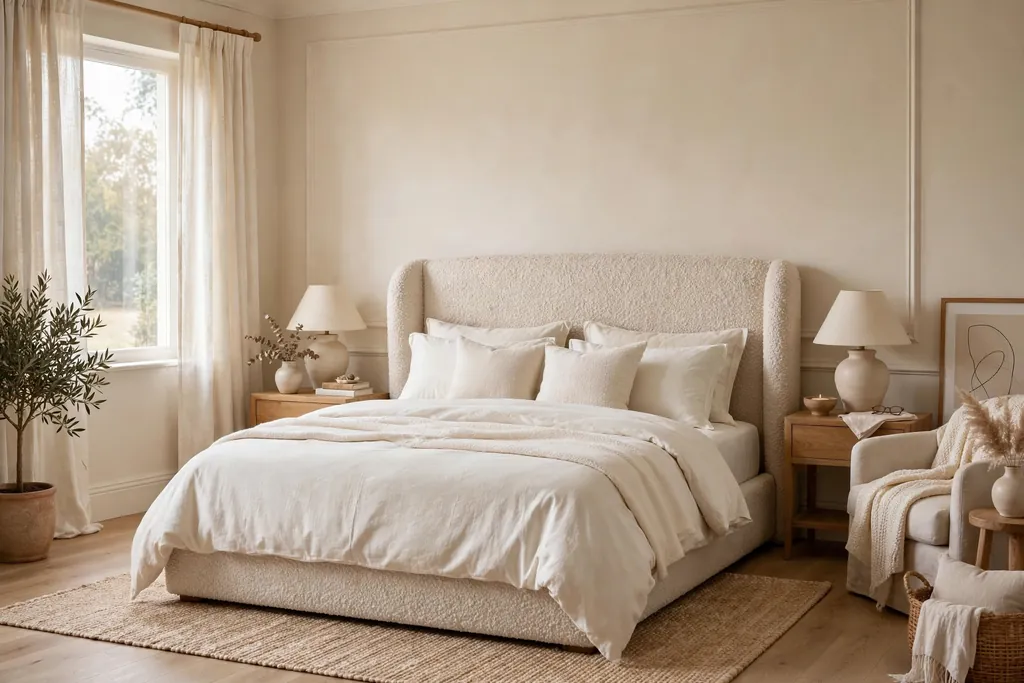 Bedroom with an oatmeal boucle headboard and ivory bedding.