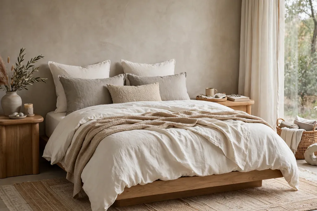 Bed with layered bedding in ivory, sand, and stone tones.