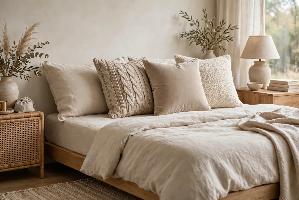 Bed with mixed texture cushions in linen, knit, velvet, and boucle in neutral tones.