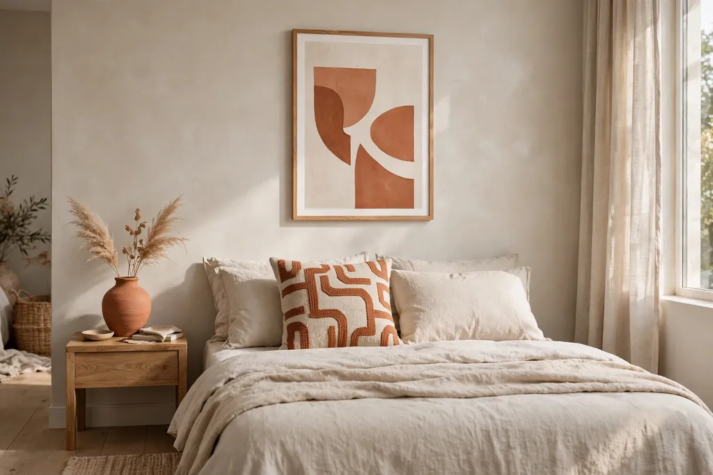 Neutral bedroom with a clay accent repeated in a cushion, a vase, and a wall print.