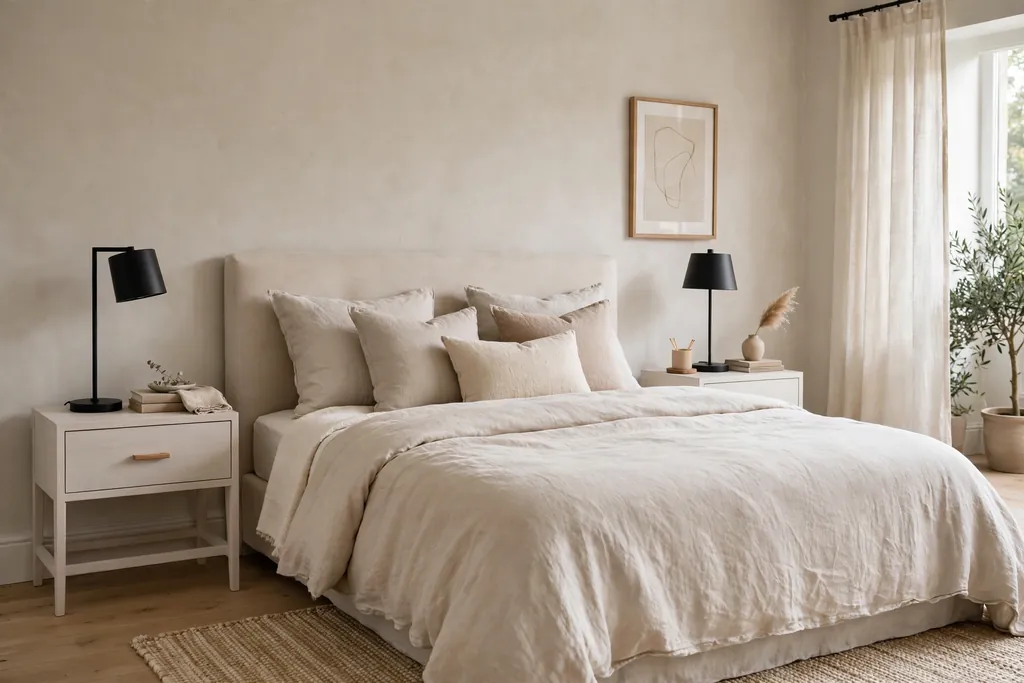 Neutral bedroom with matte black bedside lamps on pale nightstands beside a bed.