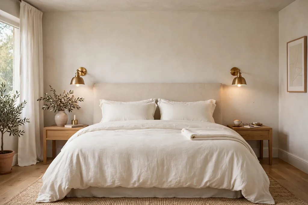 Bedroom with brass wall sconces beside a bed with ivory bedding.