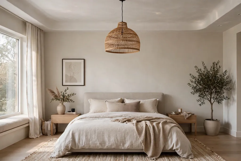 Modern neutral bedroom with a rattan pendant light in the center of the ceiling.