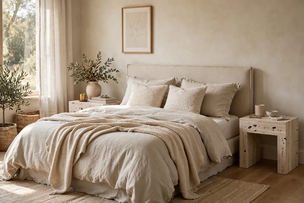 Bedroom with travertine bedside tables beside a bed with soft neutral bedding.