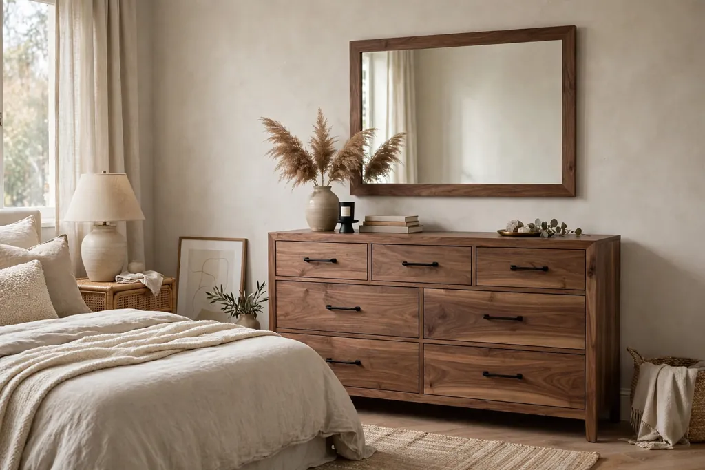 Neutral bedroom with a walnut dresser with black pulls and a mirror above it.