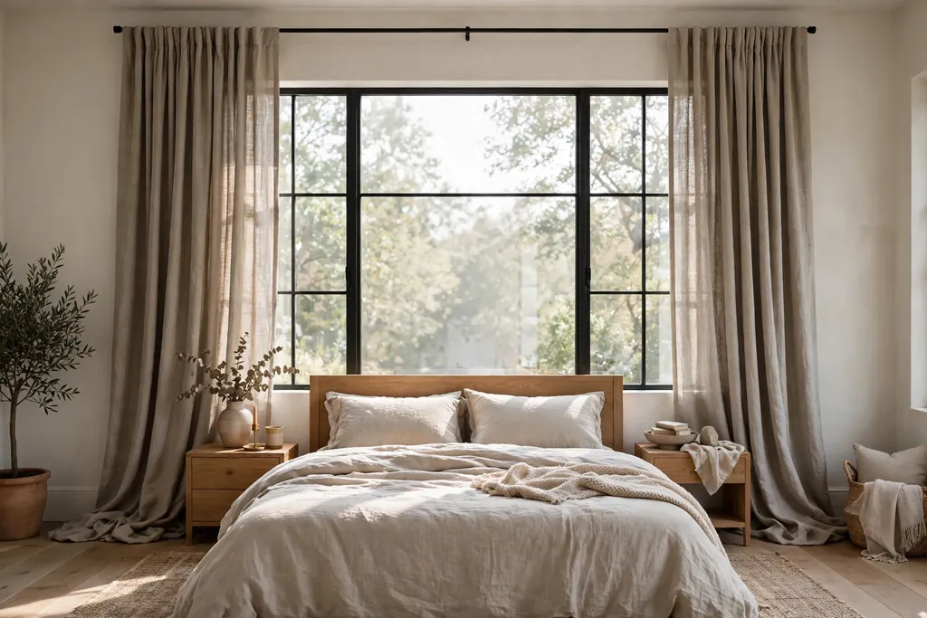 Bedroom window with stone linen curtains hung high and wide in soft daylight.