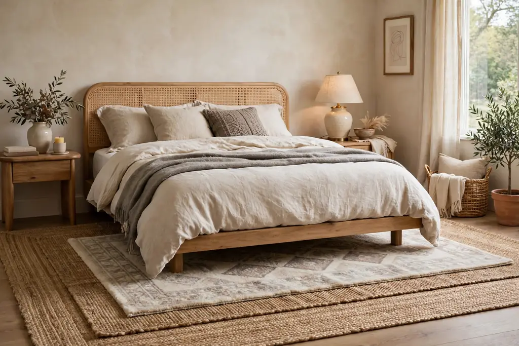 Bedroom with a jute rug layered under a wool rug beneath a bed.