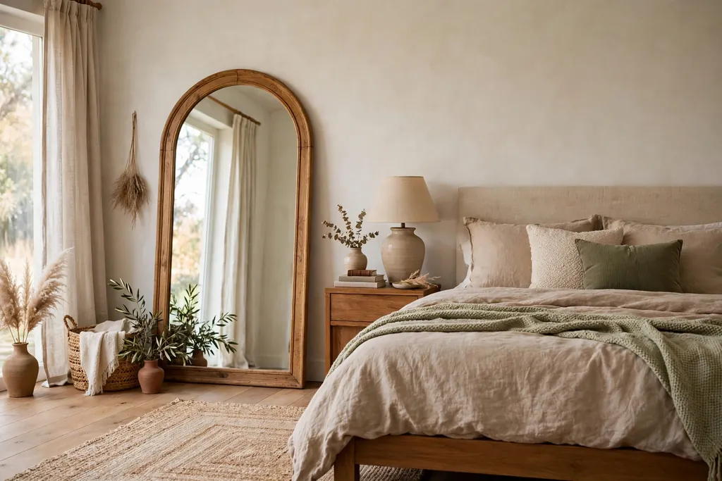 Bedroom with an arched wood frame mirror leaning against a wall beside a bed.
