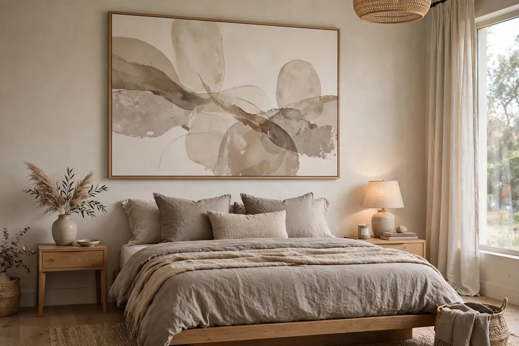 Bedroom with one oversized abstract print in sand, stone, and taupe above a bed.
