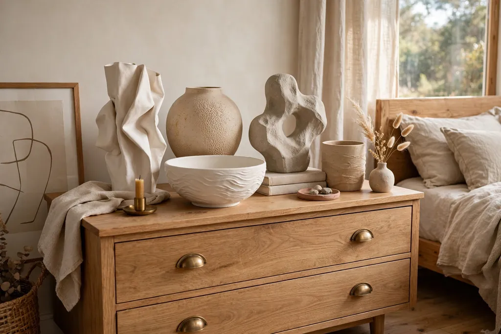 Bedroom dresser styled with grouped sculptural ceramics in warm white, sand, and stone.