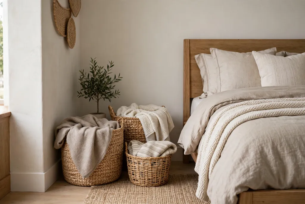 Neutral bedroom corner with woven baskets holding throws beside a bed.