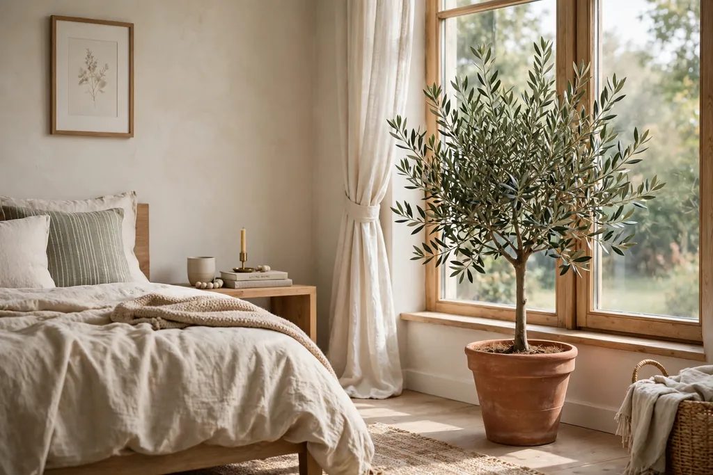 Bedroom corner with an olive tree in a terracotta pot beside a window.
