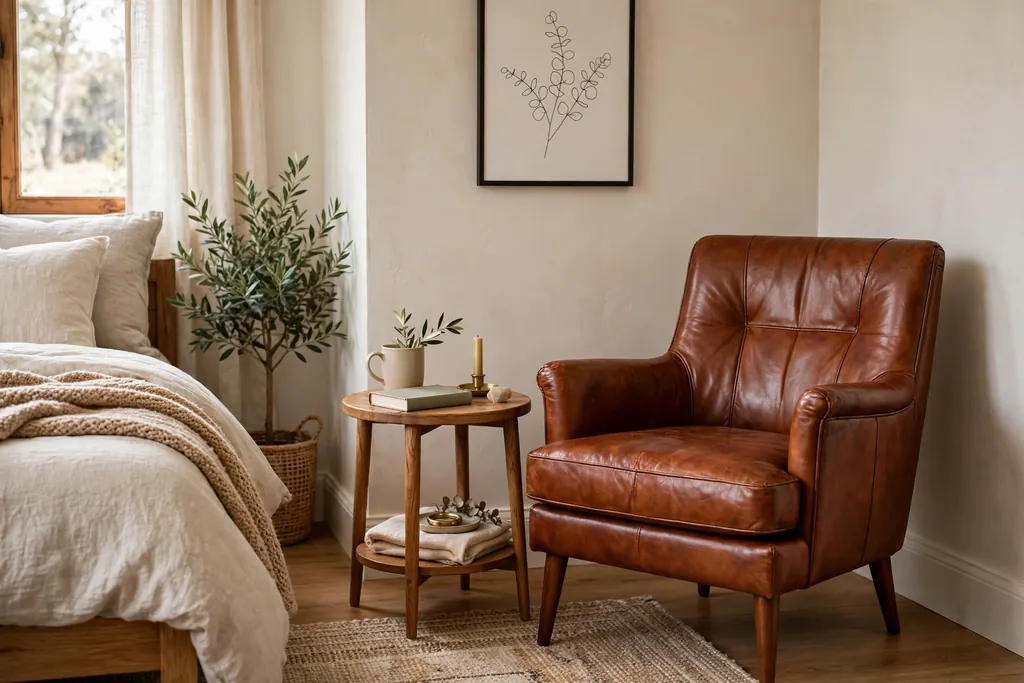Bedroom corner with a cognac leather accent chair and a small side table.
