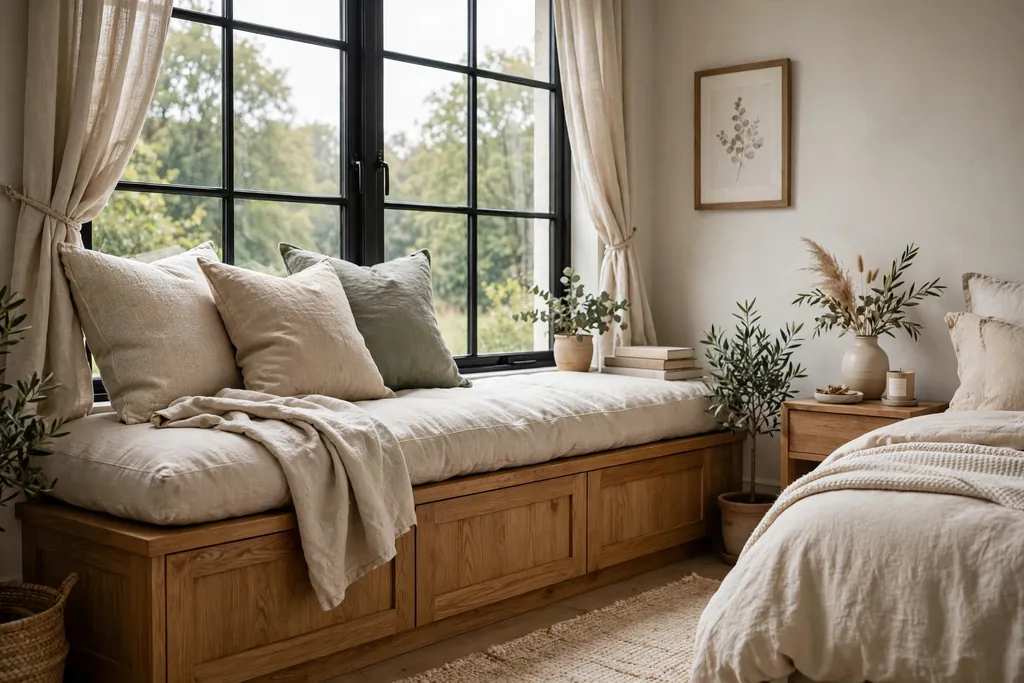 Bedroom window seat with a wood base and thick linen cushions.