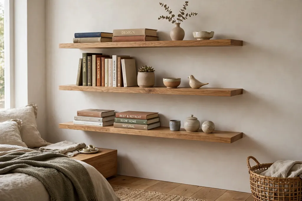 Bedroom side wall with floating oak shelves holding books and small ceramics.