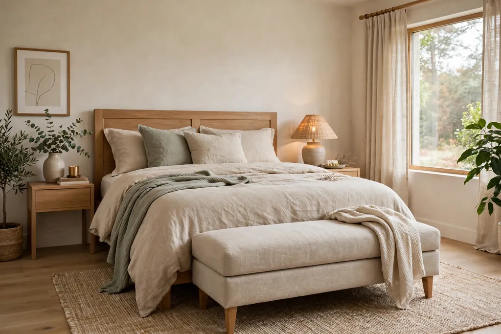 Bedroom with an oatmeal linen upholstered bench at the foot of a bed.