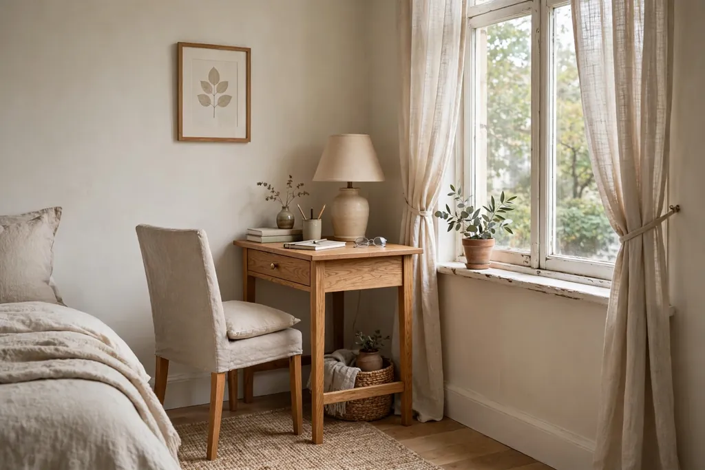 Bedroom corner with a small oak desk, linen chair, and lamp near a window.