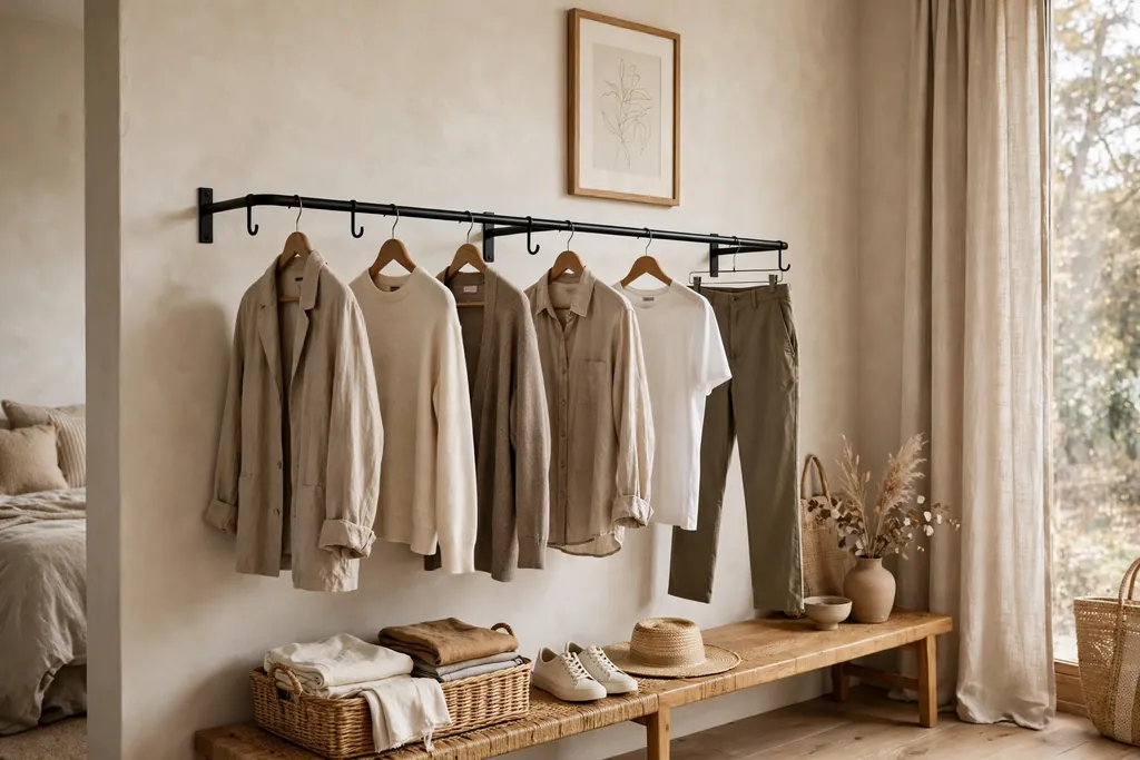 Bedroom side wall with an open black metal clothing rail holding neutral clothes.