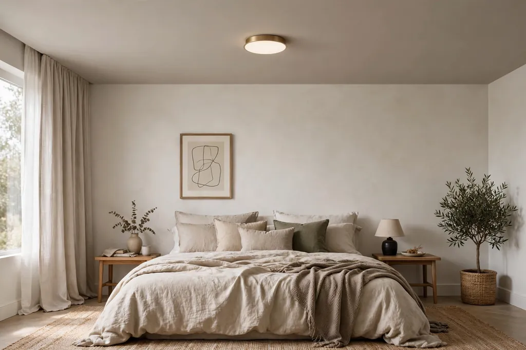 Bedroom with a soft greige ceiling and a slim flush mount light above a bed.
