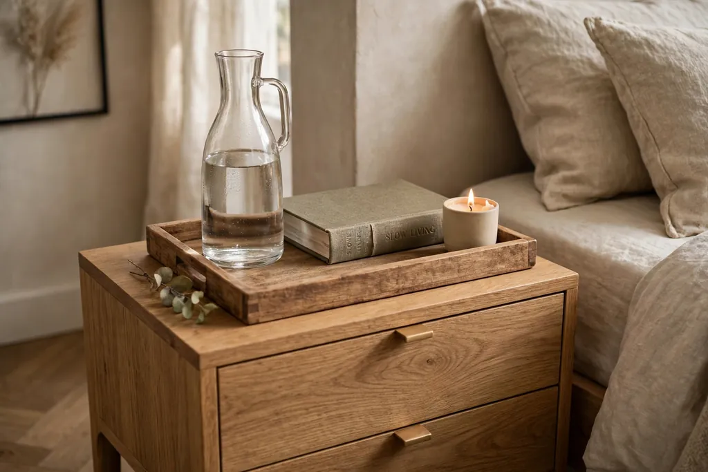 Bedside table with a wood tray holding a carafe, a book, and a small candle.