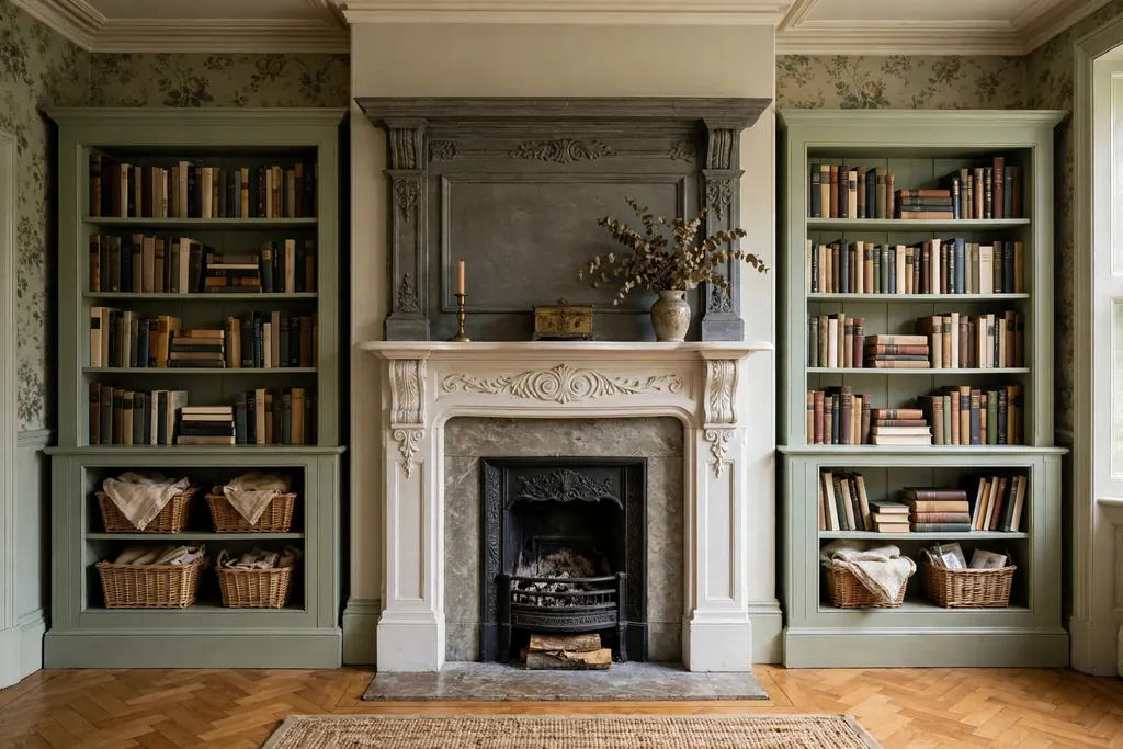 Painted bookcases built into the alcoves beside a Victorian fireplace, with books and baskets.
