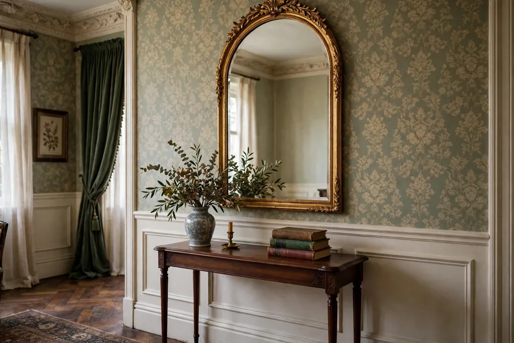 Arched mirror over a slim console table in a Victorian living room with a vase and books.