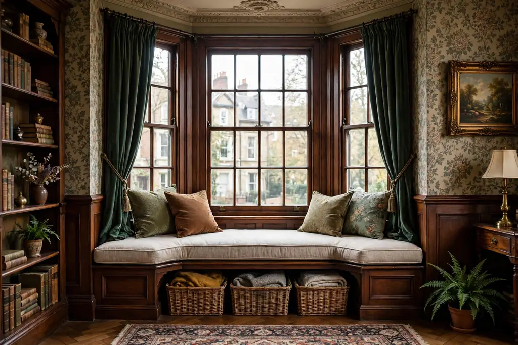 Bay window reading bench with a firm cushion and storage baskets underneath in a Victorian living room.