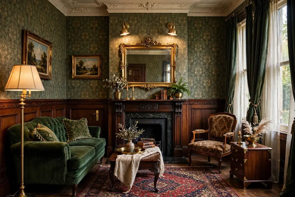 Victorian living room with brass accents: a brass floor lamp, brass picture lights, and a brass framed mirror.
