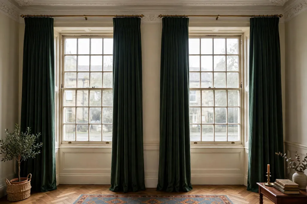 Full length curtains hung close to the ceiling framing tall Victorian sash windows.
