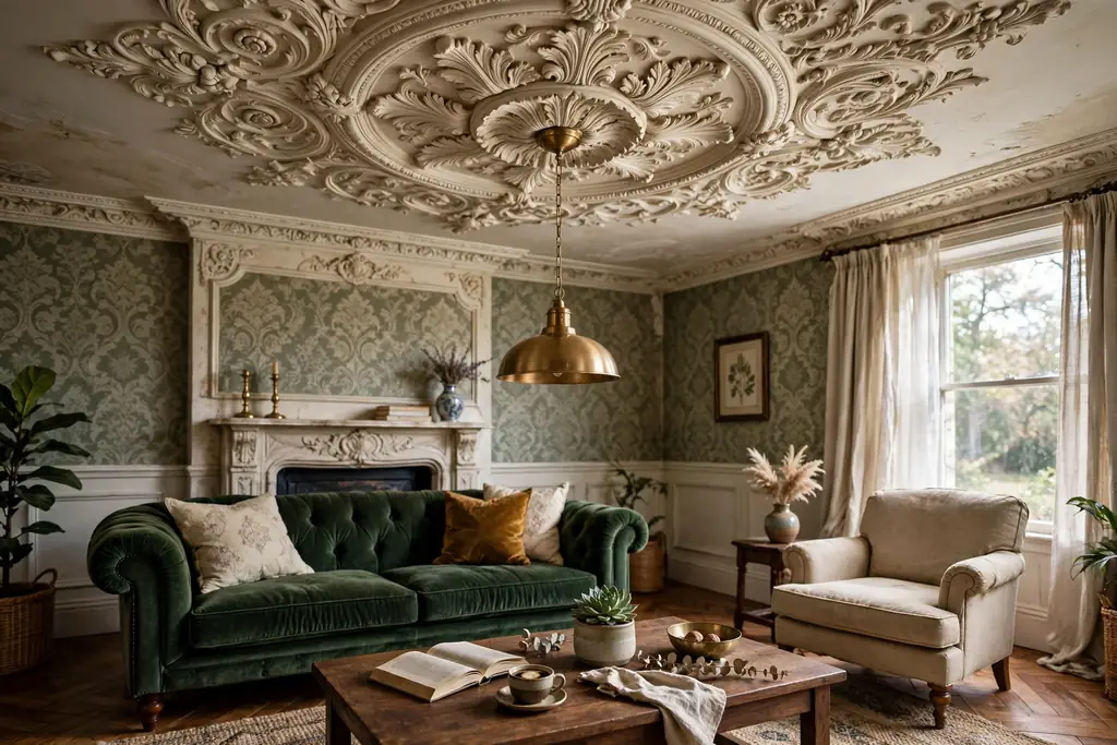 Ornate Victorian ceiling rose with a simple brass pendant hanging over a coffee table.