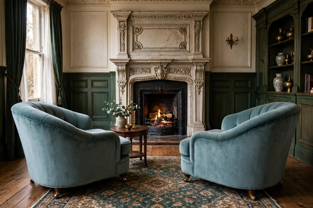 Two curved lounge chairs angled toward a Victorian fireplace with a small side table between them.