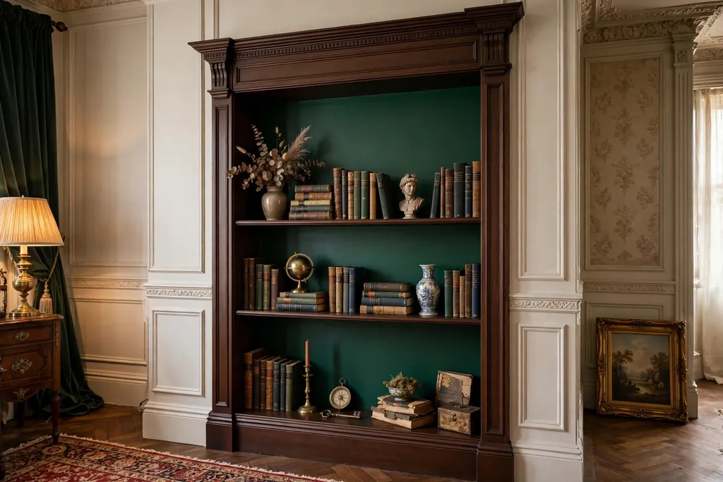 Alcove bookcase with a deep green painted interior back panel, books, and display pieces.
