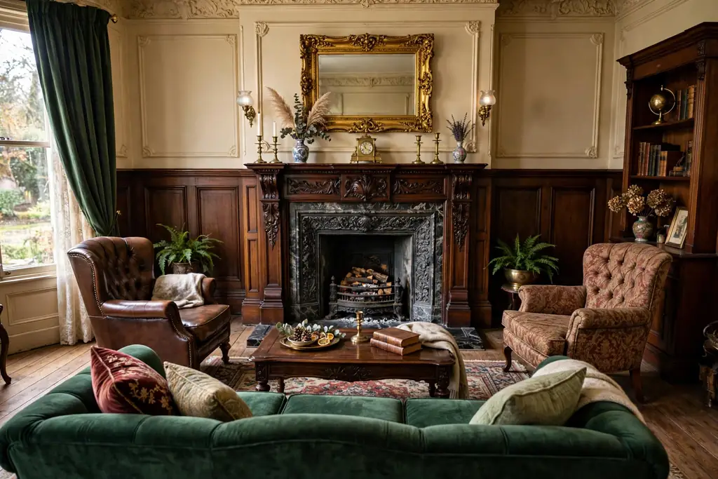 Seating arranged to face a Victorian fireplace, with a sofa opposite and chairs angled in from the sides.