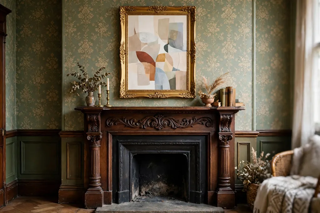 Modern abstract print in a gilt frame above a Victorian fireplace mantel.