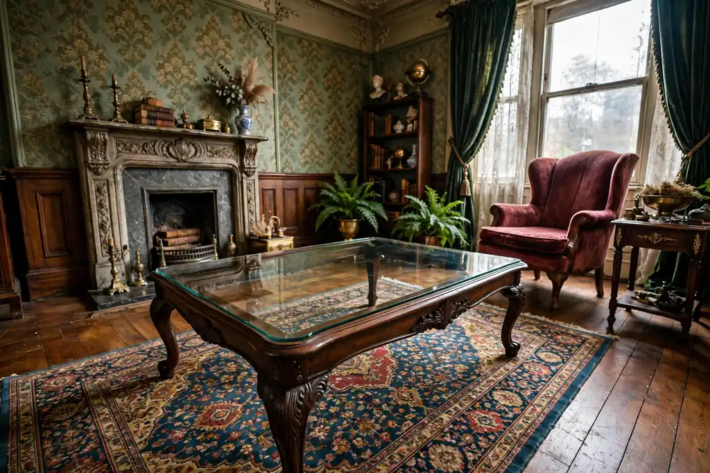 Glass topped coffee table in a Victorian living room showing a patterned rug and wood floor beneath it.