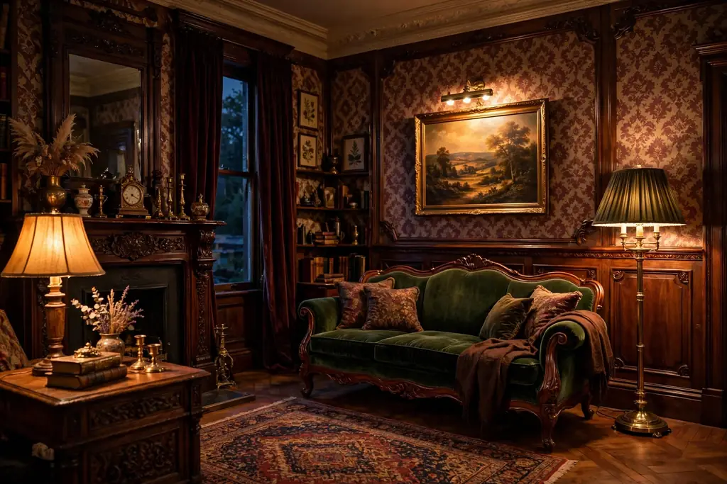 Victorian living room in the evening lit by a picture light, a floor lamp, and a table lamp.
