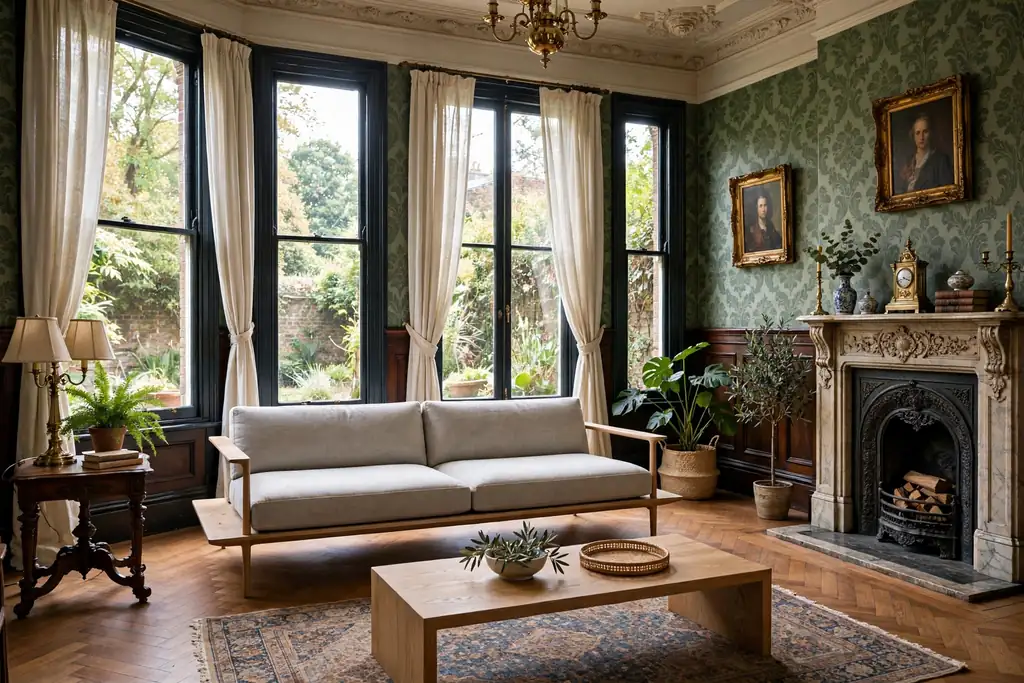 Low modern sofa with slim arms and raised legs in a Victorian living room with tall windows.