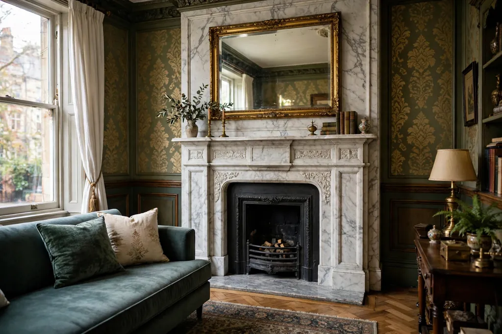 Marble fireplace surround in a Victorian living room with one mirror above the mantel and a low sofa.