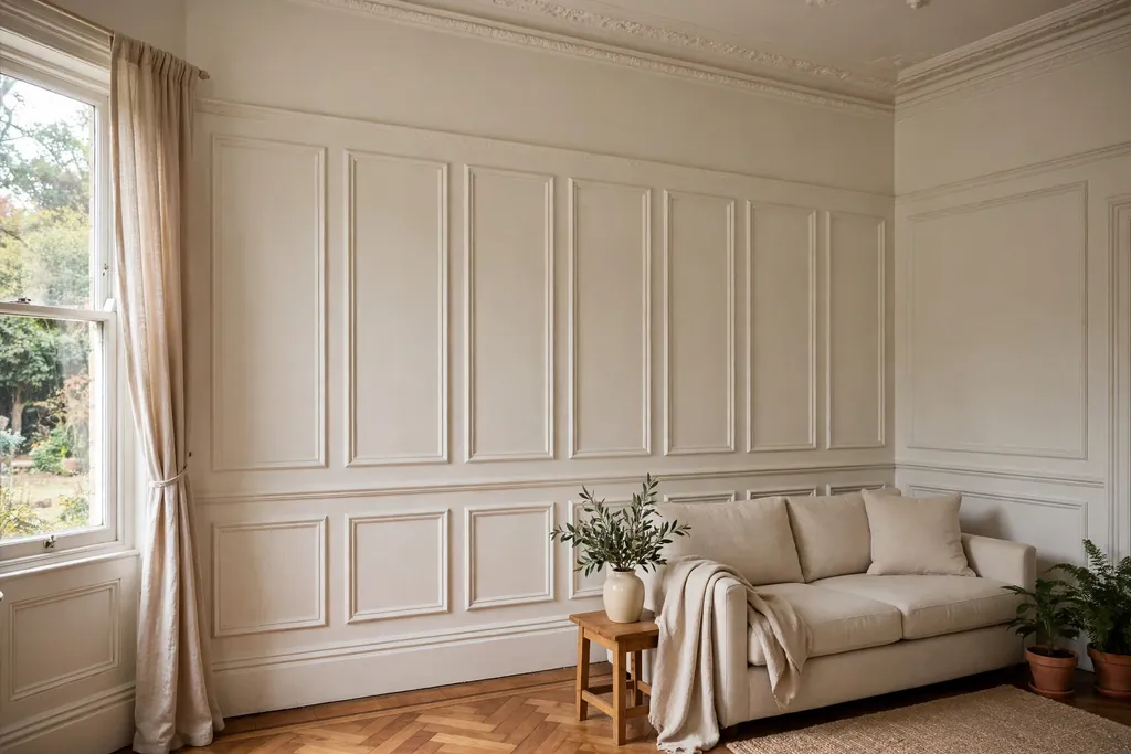 Victorian living room wall with painted panelling in a calm warm white, with a plain sofa beside it.